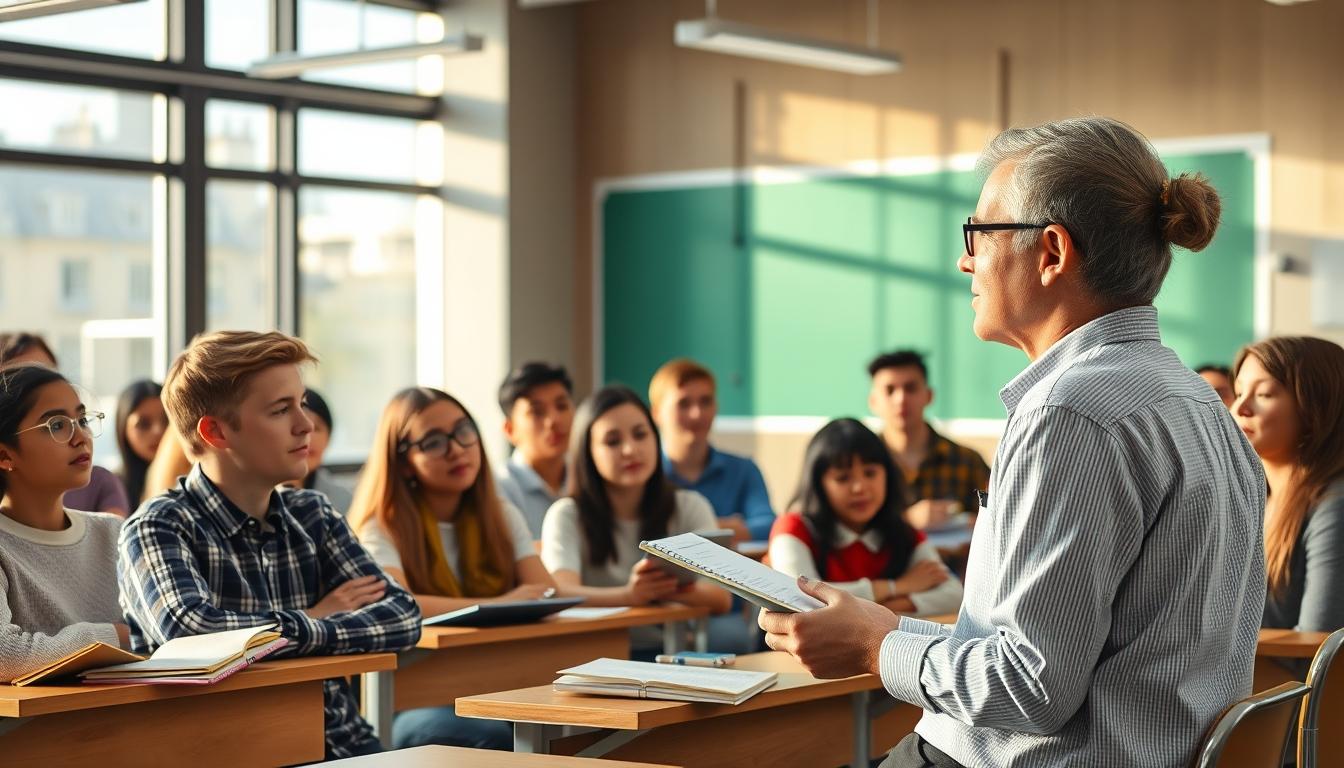 Students studying together in modern classroom